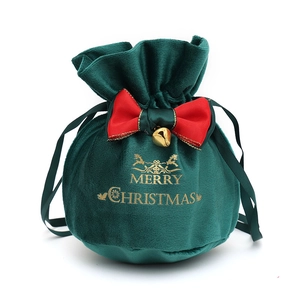 Dark green velvet Christmas gift bag with golden bell and Merry Christmas print