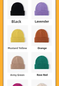Detail view of winter knitted beanies showing a rich color palette and fine knit texture