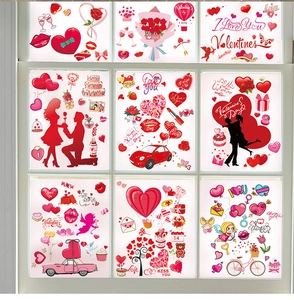 Set of 9 Valentine's Day static window clings with hearts, Cupid, and romantic elements