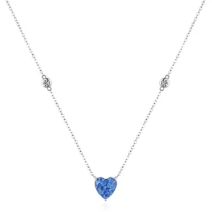 Elegant S925 sterling silver heart-shaped blue opal necklace with small zircon accents
