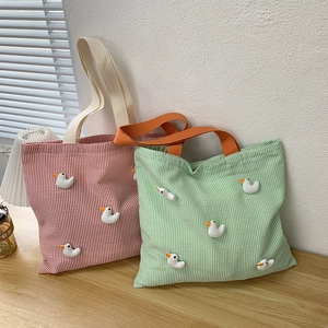Striped canvas tote bags with cute 3D duck decorations for school and daily use