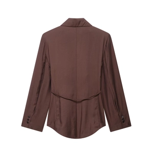 Deep brown long-sleeve blazer with waist tie detail, elegant back view flat lay styling