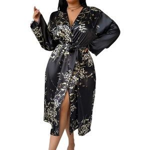 Women's long black satin floral bathrobe with V-neck and tie-waist in kimono style