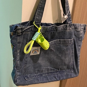 Blue denim tote bag with embroidery patch and creative colorful mini clog shoe keychain