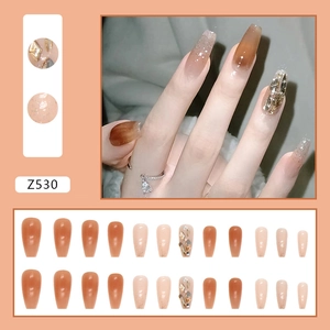 Elegant long coffin gradient orange press-on nails with rhinestone accents 24pcs