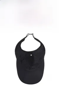 Detail view of the black breathable mesh fabric and adjustable buckle on the sun visor hat