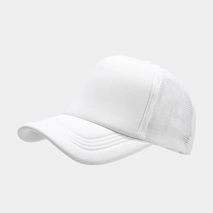 Side view of white mesh trucker hat with breathable foam crown and curved visor stitching