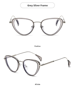 Vista dettagliata frontale e laterale di montature cat eye in grigio argento