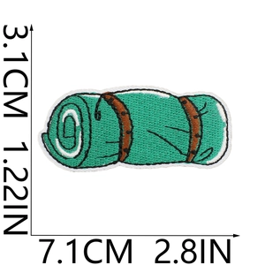 Macro detail of camping car embroidered patch with precise dimension measurement markings