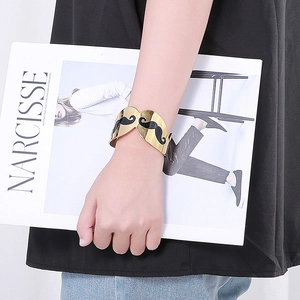 Golden mustache open bangle for women with black lacquer finish and trendy design