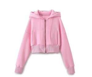 Detail of pink cropped zip-up hoodie featuring a drawstring hood and ribbed cuffs