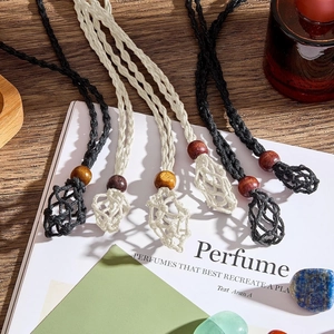 Handmade woven net pendant holder in black and beige with adjustable wooden beads