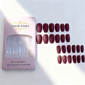 Matte burgundy coffin fake nails set with 24 pieces in minimalist packaging box