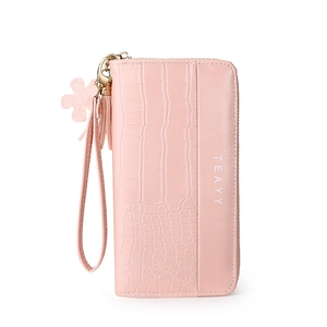 Pink crocodile pattern long wallet for women with wristlet and flower tassel charm