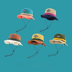 Outdoor Color Block Bucket Hat For Men Women Wide Brim Sun Protection Foldable Hiking Fishing Hat With Adjustable Windproof Rope