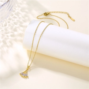 Gold fan pendant necklace with baguette zircon stones and S925 sterling silver clasp