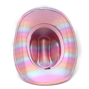 Top view of rainbow denim cowboy hat with metallic finish and pink sweatband detail