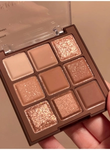 Detailed view of nine-color chocolate earthy eyeshadow palette with matte and shimmer textures