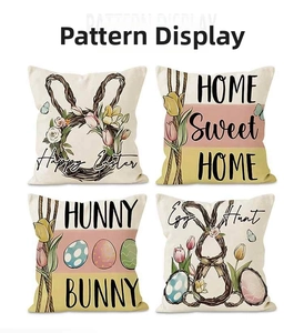 Detail view of four linen Easter pillow covers with bunny tulip and egg prints