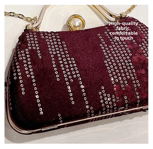 Detail of burgundy velvet clutch with silver sequins and pearl clasp closure