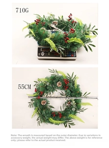 Detail showing 55cm diameter measurement and 710g weight of Christmas wreath