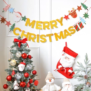 Christmas Banner Hanging Garland Cardboard Glitter Letter Santa Reindeer Snowman For Holiday Party Wall Decor Background