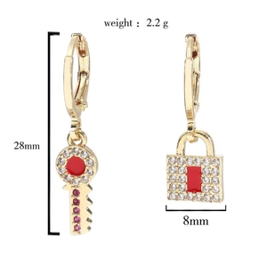 Hip hop gold lock and key earrings with full crystals and size dimensions for women