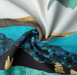 Detailed view of mountain landscape tapestry showing soft fabric texture and artistic patterns