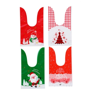 Set of four Christmas rabbit ear plastic gift bags with festive snowman and Santa patterns