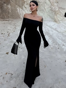 Elegant black off-shoulder maxi dress with long slit sleeves and a high side split detail