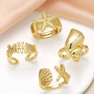 Gold Plated Copper Zirconia Ocean Starfish Fishbone Conch Shell Open Adjustable Rings For Women Fashion Jewelry