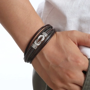 Minimalist multi-layer leather bracelet with silver stainless steel knot for men and women