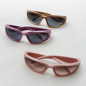 Kids trendy Y2K rectangle sunglasses in bronze, lilac, and nude pink colors