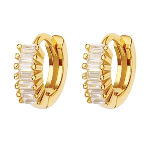 Gold-plated huggie earrings with rectangular cubic zirconia stones in a symmetrical view