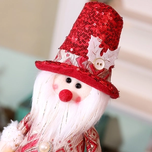 Close-up of a Christmas gnome with red sequined hat and plush white beard decoration