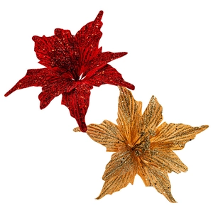 Golden and red glitter velvet artificial Christmas flowers for tree decoration and props