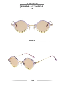 Detail view of rhombic sunglasses with purple yellow gradient frames and gold metal temples
