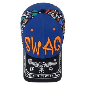 Front view of a SWAG embroidered baseball cap with streetwear prints and a color-block design