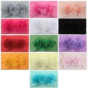 Elastic nylon baby headbands with three chiffon flowers in thirteen different colors