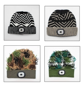 Detail showcasing four styles of LED knitted beanies with integrated 4-LED lighting modules