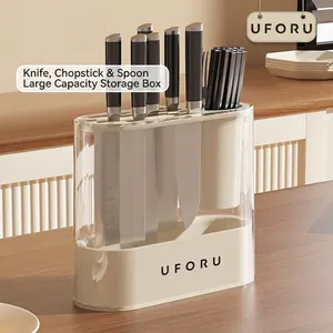 Kitchen Knife Holder And Utensil Organizer With Draining Tray Transparent Plastic Seasoning Storage Rack Modern Style