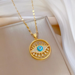 Luxury titanium steel necklace with evil eye pendant and blue enamel zircon inlay