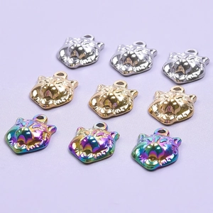 Detail of wolf head charms in silver, gold, and iridescent finishes for jewelry making