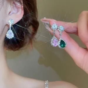 Luxury zircon waterdrop pendant earrings set in white, pink, and emerald green colors