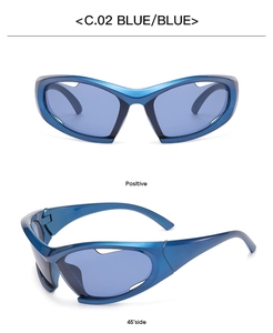 Front and 45-degree side view of blue Y2K wrap-around sports sunglasses for men
