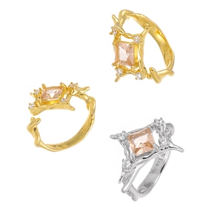 Elegant S925 sterling silver square diamond ring with irregular branch design in gold and silver