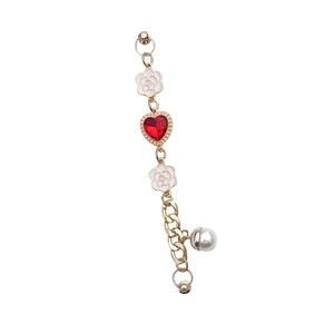Golden bracelet charm with red heart gem, camellia enamel, and faux pearls for phone cases