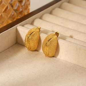 French vintage 18K gold plated stainless steel geometric curved beaded stud earrings
