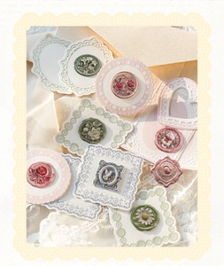 Detailed relief stickers with floral and bird motifs in Morandi tones on lace background
