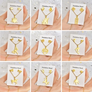 Nine sets of golden stainless steel animal pendant necklaces and stud earrings for unisex wear